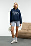 Kikres Women's Hooded Embroidery Detailed Oversize Navy Blue Sweatshirt - 3