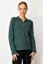 Women's Polo Neck Collar and Buttoned Sleeves Blouse Green - 2