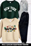 Brooklyn and Mixed Print Inside Embroidered 2-Piece Pack Green-Beige Unisex Children's Tracksuit Set