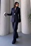 Women's Two-Piece Stylish Button Detail Mock Neck Blazer Jacket Wide-Leg Pants Set - 3