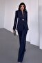Women's Two-Piece Stylish Button Detail Mock Neck Blazer Jacket Wide-Leg Pants Set - 5