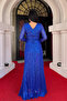 Sequin Fabric Double Breasted Collar Evening Dress - Cobalt Blue - 5