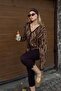 Brown Zebra Patterned V-Neck Wool Women's Knitwear Cardigan - 3