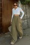 Khaki 3-Pleat High-Waist Pocketed Wide-Leg Women’s Palazzo Pants