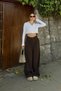 Brown 3 Pleated High-Waist Pocketed Wide-Leg Women's Palazzo Pants - 3