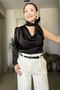 One-Sleeve Satin Blouse with Halter Neck Scarf