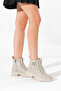 Women's Beige Thick Thermo Sole Buckle Lace-Up and Zippered Boots - 2