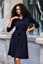 Women's Modal Silky Stretch Fabric Collared Capri Three Quarter Sleeve Pocketed Belted Shirt Dress-Navy Blue