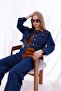 Navy Blue Velvet Detailed Crop Jacket and Wide Leg Jeans Set
