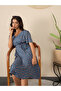 Blue Polka Dot Print Wrap Knee Length Dress - 4