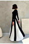 Women's Black White Color Block Long Sleeve Sandy Dress - Flexible and Comfortable Maxi Length Segmented Dress - 6
