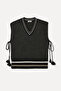 Women's Anthracite Melange V-Neck Loose Fit Tie-Up Sweater