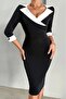 Black Long Sleeve Contrast Trim Detail Cufflink A-Line Crepe Fabric Dress
