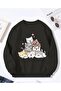 Cute Cat Detailed Crew Neck Sweatshirt with Fleece Inside
