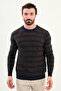 Horizontal Striped Slim Fit Crew Neck Men's Knitwear Navy Blue-Brown - 11564.25K