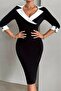 Black Long Sleeve Contrast Trim Detail Cufflink A-Line Crepe Fabric Dress - 2