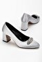 Women's Siletto Heeled Shoes Silver Satin Stone Thick Heeled - 2