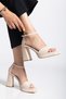 Women's Thick Heeled Square Platform Beige Faux Leather Evening Dress Shoes