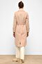 Waist-Tied Double-Breasted Medium-Length Coat Pudra 3987-Y - 5