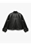 Lined Long Sleeve Stand Collar Zipper Faux Leather Jacket - 5