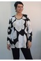 Black and White Ecru Floral Print Front Gathered Long Sleeve Combed Viscose T-Shirt - 2