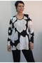 Black and White Ecru Floral Print Front Gathered Long Sleeve Combed Viscose T-Shirt - 7