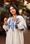 Cream Color V-Neck Raw Linen Embroidered Dress - 8