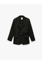 Wide Collar Belted Buttoned Pocket Detailed Striped Blazer Jacket - 3