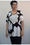 Black and White Ecru Patterned Front-Cinched Short-Sleeved Combed Viscose T-Shirt - 6