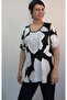 Black and White Ecru Patterned Front-Cinched Short-Sleeved Combed Viscose T-Shirt - 3
