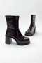 Brown Patent Leather Thick Heeled Women's Boots P8023 - 3