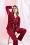 Burgundy Front Buttoned Velvet Winter Women's Pajama Set - 5