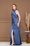 Satin Halter Neck Tie-Detail Long Evening Dress - Indigo Blue - 5