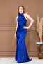 Satin Halter Neck Tie-Detail Long Evening Dress - Cobalt Blue - 6