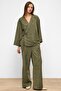 Tie-Front Suede Look Kimono Double Set Khaki 9366-Tk