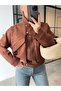 Pocket Detail Brown Suede Bomber Jacket - 2