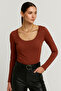 Women's Burgundy U Neck Long Sleeve Blouse - 5