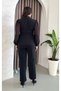 Women's Plus Size Double-Breasted Neckline Chiffon Balloon Sleeve Pearl Detailed Evening Set Black 25009 - 8