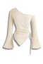 Women's Long Sleeve Asymmetrical Neck Side Tie Ribbed Blouse