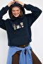 Teen Lacivert Nakışlı Oversize/Geniş Kalıp Kapüşonlu Örme Sweatshirt TWOAW26SW00105