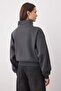 Antrasit Rahat Kesim Crop Fermuarlı Dik Yaka Kalın İçi Polarlı Örme Sweatshirt TWOAW24SW00221 - 4