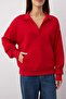 Kırmızı Polo Yaka Kalın Şardonsuz Oversize/Geniş Kesim Örme Sweatshirt TWOAW26SW00112 - 3