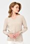 Women's V-Neck Sleeves Buttoned Glitter Blouse Beige - 3