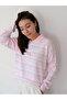 Una Fiaba - Pink Striped Women's Three-Button Shirt Collar Knit Sweater - 5