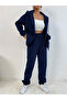 Navy Blue Hooded Zippered Thick Winter Oversize Women's Tracksuit Set - 2