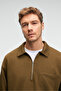 August Men's 100% Cotton Half Zip Collar Pocket Ornamental Label Khaki Sweatshirt - 5