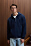 Justus Men's Hooded Kangaroo Pocket Zipper Collar Navy Blue Sweatshirt