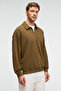 August Men's 100% Cotton Half Zip Collar Pocket Ornamental Label Khaki Sweatshirt - 4