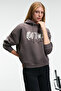 Alirayne Women's Printed Oversize Hooded Kangaroo Pocket Anthracite Sweatshirt - 3