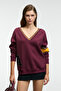 Divine Women's V-Neck Embroidery and Patch Detailed Burgundy Sweatshirt - 6
